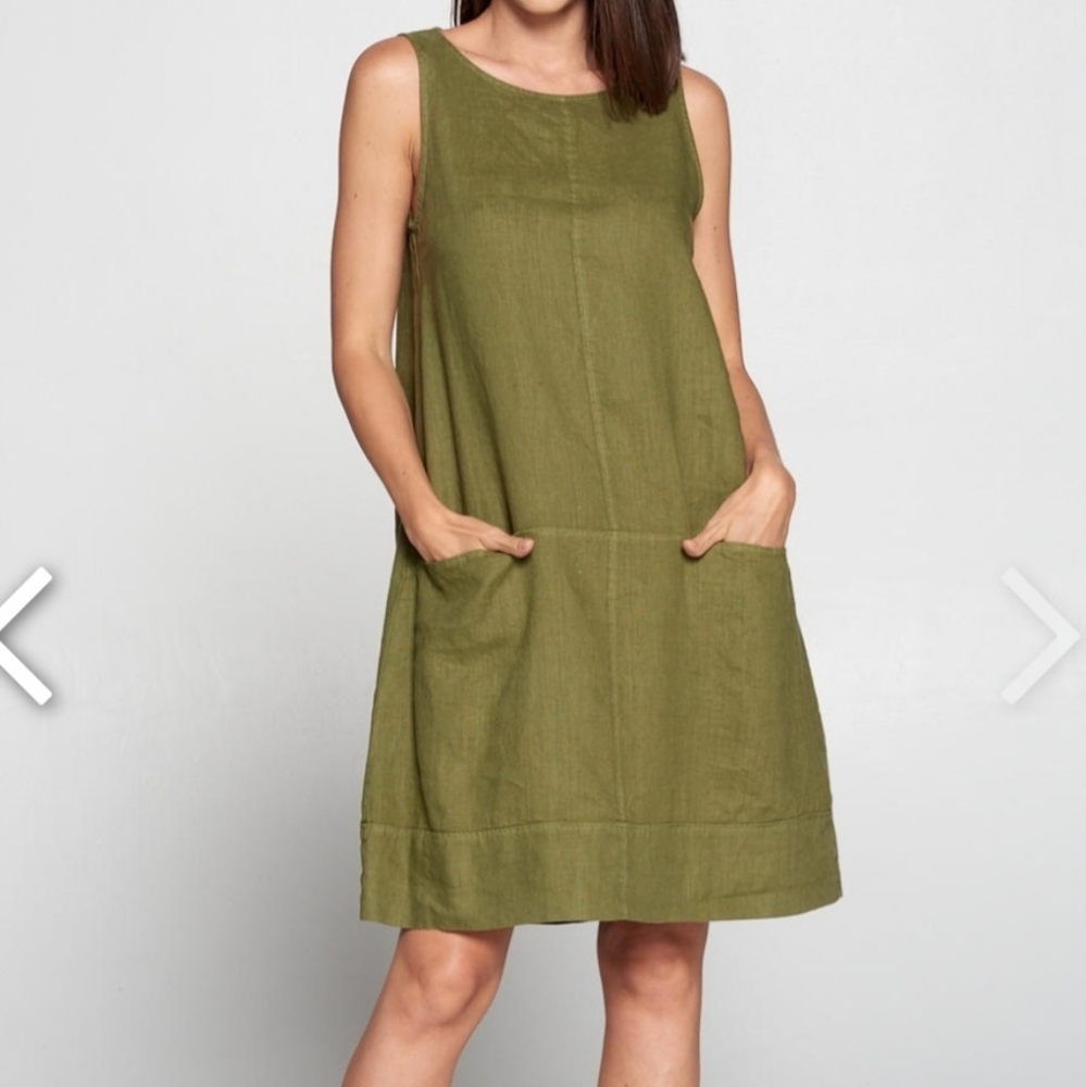 Pure Match Women's 100% Linen Sleeveless Olive Green Dress Small